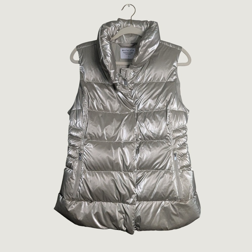 Athleta Downtown Vest Women M Silver Metallic Puffer Down Insulated Gilet Shine